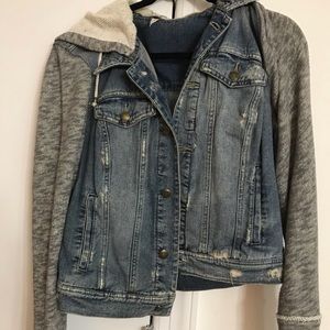 Free people denim jacket with knit sleeves